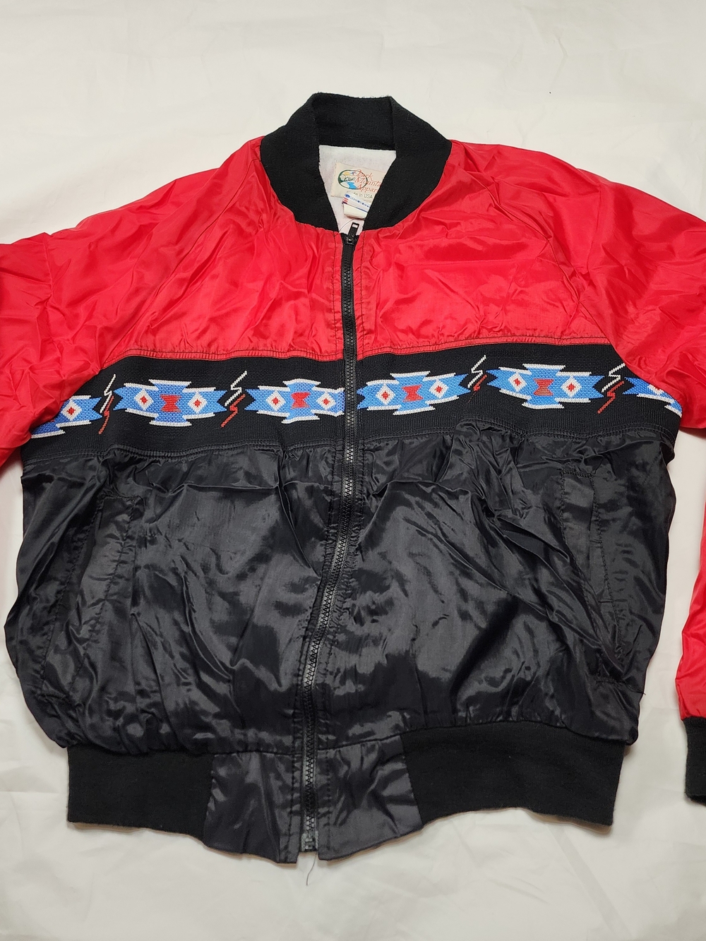 VTG Ozark Mountain Apparel Red & Black Men's Bomber Jacket with Geometric Trim